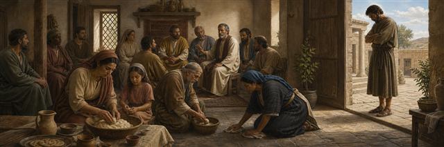 A solemn house church establishing a boundary as families remove old leaven from fresh dough